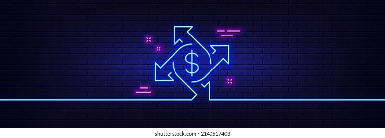 Neonhellgrauer Effekt. Zahlungsverkehr-Symbol Dollar-Schild. Finanztransfersymbol. 3D-Linie Neonglühsymbol. Brick-Wand-Banner. Umriss für den Zahlungsverkehr. Vektorgrafik