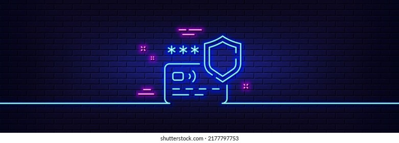 Neon light glow effect. Payment protection line icon. Credit card secure sign. Money defense symbol. 3d line neon glow icon. Brick wall banner. Payment protection outline. Vector