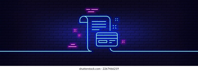 Neon light glow effect. Payment credit card line icon. Money by mail sign. Agreement conditions symbol. 3d line neon glow icon. Brick wall banner. Payment card outline. Vector