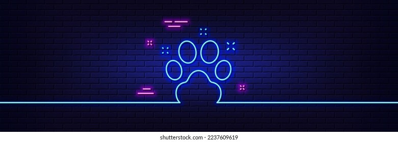 Neon light glow effect. Pet friendly line icon. Dog paw sign. Hotel service symbol. 3d line neon glow icon. Brick wall banner. Pet friendly outline. Vector