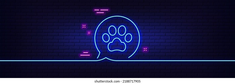 Neon light glow effect. Pets care line icon. Veterinary clinic bubble sign. Dog paw speech bubble symbol. 3d line neon glow icon. Brick wall banner. Pets care outline. Vector