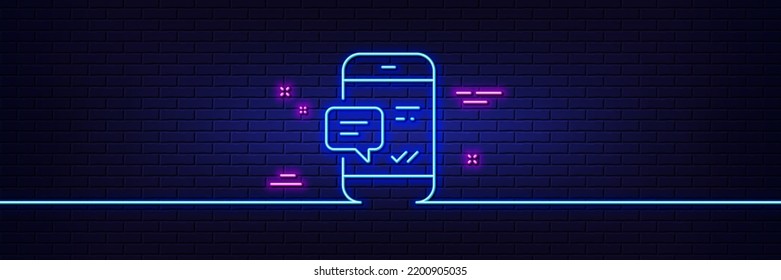 Neon light glow effect. Phone Message line icon. Mobile chat sign. Conversation or SMS symbol. 3d line neon glow icon. Brick wall banner. Smartphone notification outline. Vector