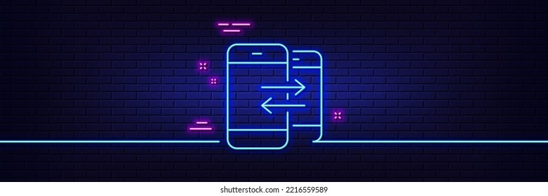 Neon light glow effect. Phone Communication line icon. Incoming and Outgoing call sign. Conversation or SMS symbol. 3d line neon glow icon. Brick wall banner. Phone Communication outline. Vector