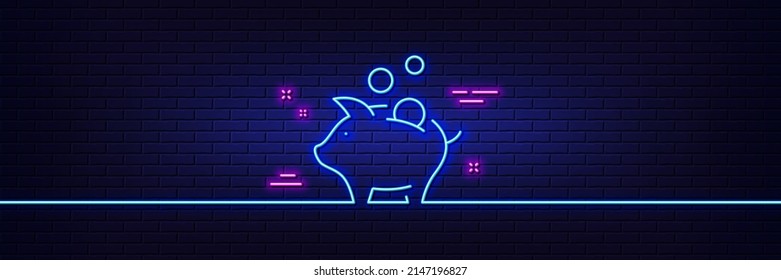 Neon light glow effect. Piggy bank line icon. Coins money sign. Business savings symbol. 3d line neon glow icon. Brick wall banner. Piggy bank outline. Vector