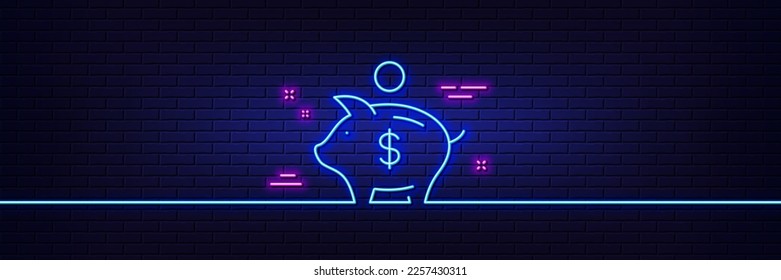Neon light glow effect. Piggy bank line icon. Coins money sign. Business savings symbol. 3d line neon glow icon. Brick wall banner. Piggy bank outline. Vector