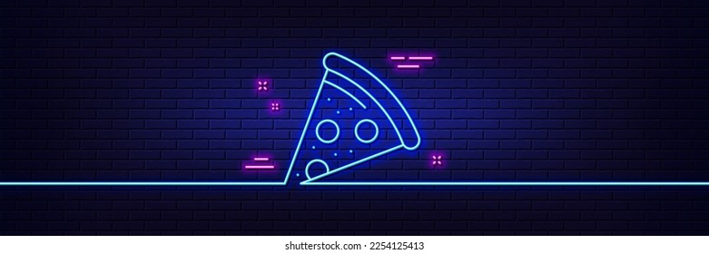 Neon light glow effect. Pizza slice line icon. Pizzeria food sign. Fast food symbol. 3d line neon glow icon. Brick wall banner. Pizza outline. Vector