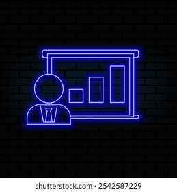 Efeito de brilho de luz neon. Ícone da linha de apresentação. Sinal de placa de educação. Símbolo de lição com gráficos. ícone de brilho neon de linha 3d. Banner de parede de tijolos. Estrutura de tópicos da apresentação. Vetor.