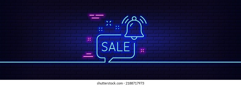 Neonhellgrauer Effekt. Promotion-Glocke-Symbol Erinnerungszeichen für den Verkauf verkaufen. Zeichen für Benachrichtigungsangebote. 3D-Linie Neonglühsymbol. Brick-Wand-Banner. Förderglocke Vektorgrafik