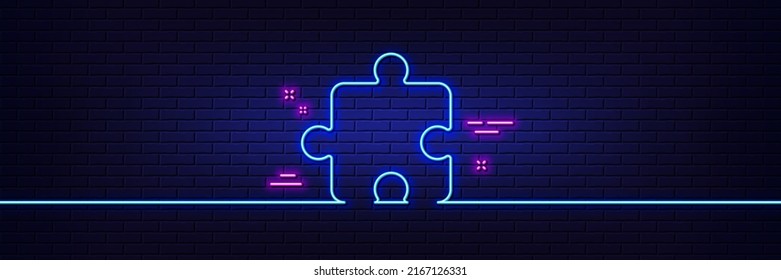 Neon light glow effect. Puzzle piece line icon. Jigsaw game shape sign. Business strategy element. 3d line neon glow icon. Brick wall banner. Puzzle outline. Vector