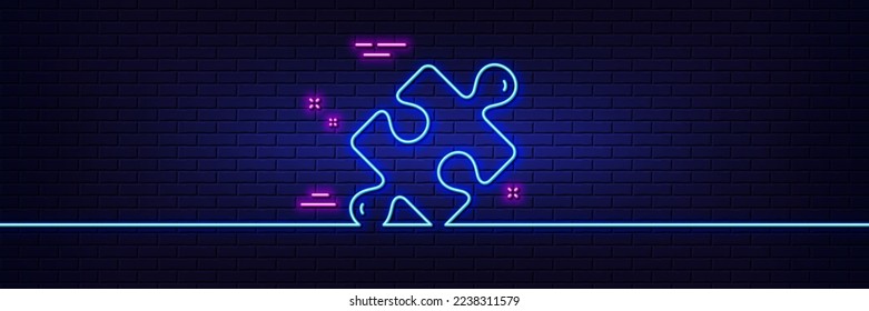 Neon light glow effect. Puzzle line icon. Jigsaw piece sign. Business challenge symbol. 3d line neon glow icon. Brick wall banner. Puzzle outline. Vector