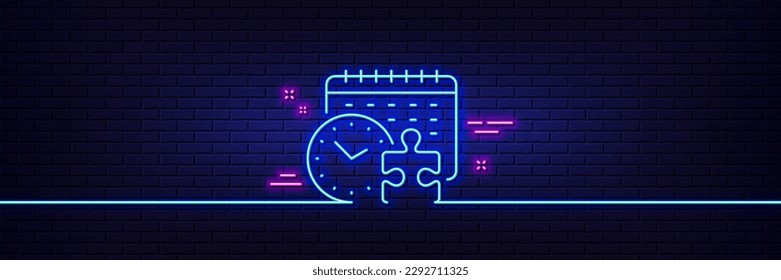 Neon light glow effect. Puzzle time line icon. Jigsaw piece with clock sign. Business challenge symbol. 3d line neon glow icon. Brick wall banner. Puzzle time outline. Vector