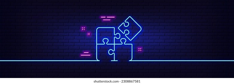Neon light glow effect. Puzzle line icon. Engineering strategy sign. 3d line neon glow icon. Brick wall banner. Puzzle outline. Vector