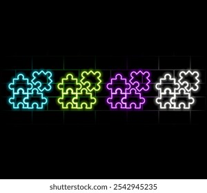 Neon light glow effect. Puzzle pieces line icon. Jigsaw game challenge sign. Business solution symbol. 3d line neon glow icon. Brick wall banner. Puzzle outline. Vector.