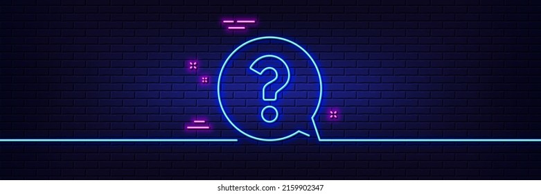 Neon light glow effect. Question mark line icon. Help speech bubble sign. FAQ symbol. 3d line neon glow icon. Brick wall banner. Question mark outline. Vector