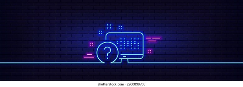 Efecto luminoso neón. Icono de línea de marca de preguntas. Signo de prueba del test en línea. Icono de resplandor de neón de 3d línea. Banner de pared de ladrillo. Esquema de la prueba en línea. Vector