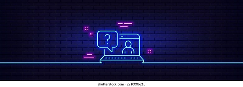 Neon light glow effect. Question mark line icon. Online faq support sign. 3d line neon glow icon. Brick wall banner. Faq outline. Vector