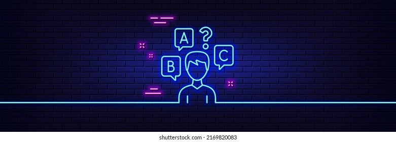 Neon light glow effect. Quiz test line icon. Select answer sign. Business interview symbol. 3d line neon glow icon. Brick wall banner. Quiz test outline. Vector