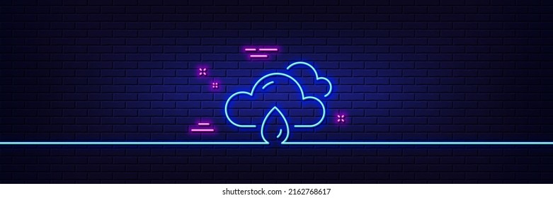 Efecto luminoso neón. Icono de la línea de pronóstico del tiempo lluvioso. Nubes con señal de lluvia. Símbolo cielo nublado. Icono de resplandor de neón de 3d línea. Banner de pared de ladrillo. Esbozo del clima lluvioso. Vector