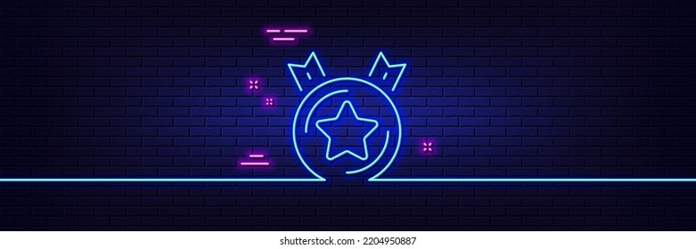Neon light glow effect. Ranking star line icon. Winner medal sign. Best rank symbol. 3d line neon glow icon. Brick wall banner. Ranking star outline. Vector