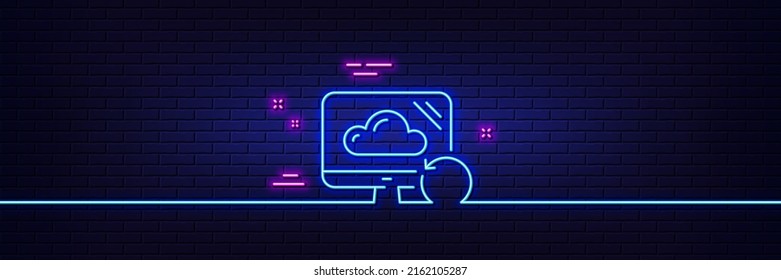 Neon light glow effect. Recovery cloud line icon. Backup data sign. Restore information symbol. 3d line neon glow icon. Brick wall banner. Recovery cloud outline. Vector