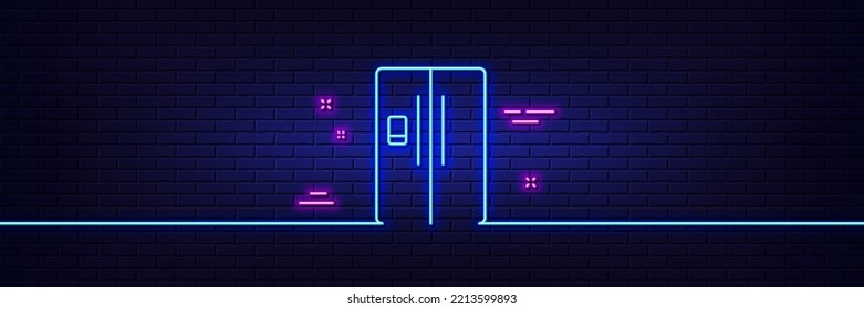 Neon light glow effect. Refrigerator with ice maker line icon. Fridge sign. Freezer storage symbol. 3d line neon glow icon. Brick wall banner. Refrigerator outline. Vector
