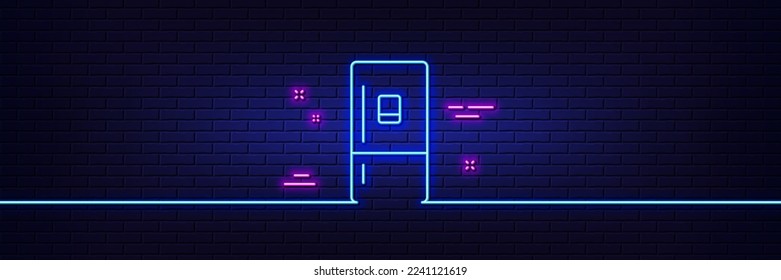 Neon light glow effect. Refrigerator with ice maker line icon. Fridge sign. Freezer storage symbol. 3d line neon glow icon. Brick wall banner. Refrigerator outline. Vector
