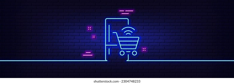 Neon light glow effect. Refrigerator with online shopping line icon. Fridge sign. Freezer storage symbol. 3d line neon glow icon. Brick wall banner. Refrigerator outline. Vector