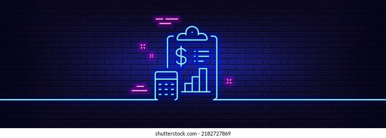Neon light glow effect. Report line icon. Accounting clipboard document sign. Budget info symbol. 3d line neon glow icon. Brick wall banner. Report outline. Vector