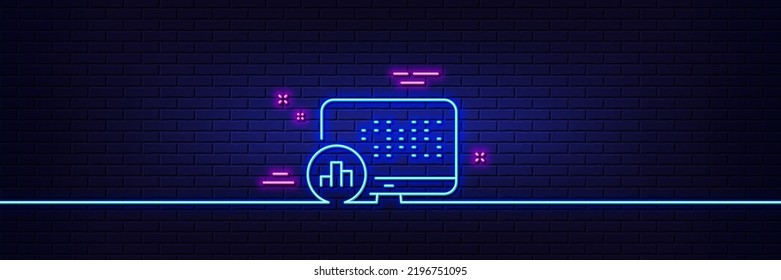Neon light glow effect. Report statistics line icon. Column graph sign. Growth diagram symbol. 3d line neon glow icon. Brick wall banner. Report statistics outline. Vector
