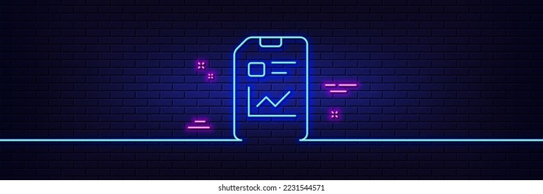 Neon light glow effect. Report Document line icon. Analysis and Statistics File sign. Paper page concept symbol. 3d line neon glow icon. Brick wall banner. Report document outline. Vector