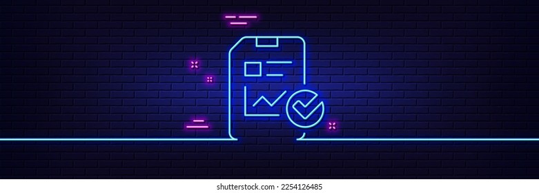 Neon light glow effect. Report document line icon. Analysis Chart or Sales growth report sign. Statistics data or Checklist symbol. 3d line neon glow icon. Brick wall banner. Vector