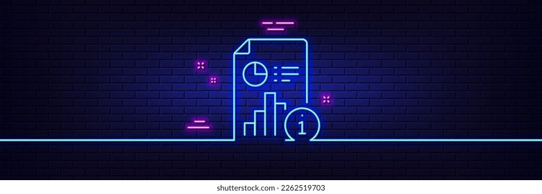 Efecto luminoso neón. Icono de línea de informe. Firma del documento de investigación. Símbolo de información de análisis de datos. Icono de resplandor de neón de 3d línea. Banner de pared de ladrillo. Esbozo del informe. Vector