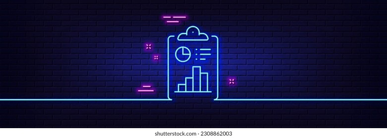 Neon light glow effect. Report line icon. Accounting clipboard document sign. Budget info symbol. 3d line neon glow icon. Brick wall banner. Report outline. Vector