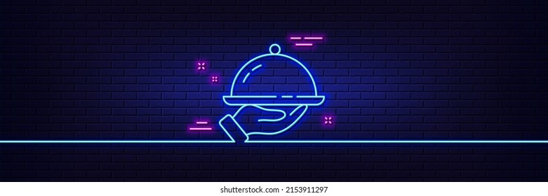 Neon light glow effect. Restaurant food line icon. Dinner sign. Hotel room service symbol. 3d line neon glow icon. Brick wall banner. Restaurant food outline. Vector