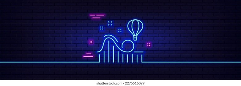 Neon light glow effect. Roller coaster line icon. Amusement park sign. Carousels symbol. 3d line neon glow icon. Brick wall banner. Roller coaster outline. Vector