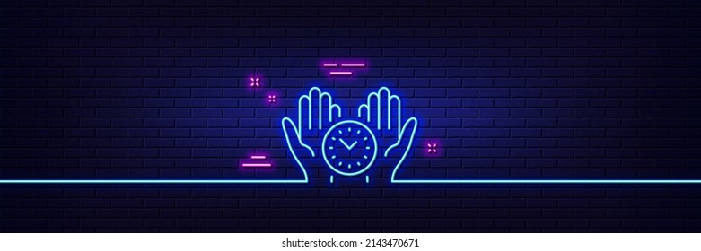 Neon light glow effect. Safe time line icon. Clock sign. Office management symbol. 3d line neon glow icon. Brick wall banner. Safe time outline. Vector