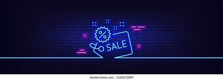 Neon light glow effect. Sale tag line icon. Shopping discount sign. Clearance symbol. 3d line neon glow icon. Brick wall banner. Sale outline. Vector