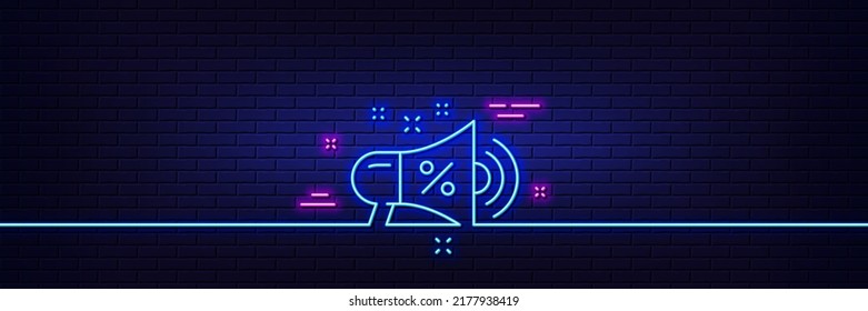 Neon light glow effect. Sale megaphone line icon. Discount shopping sign. Clearance symbol. 3d line neon glow icon. Brick wall banner. Sale megaphone outline. Vector