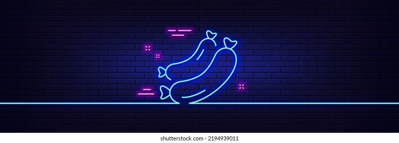 Neon light glow effect. Sausage line icon. Barbecue food sign. symbol. 3d line neon glow icon. Brick wall banner. Sausage outline. Vector