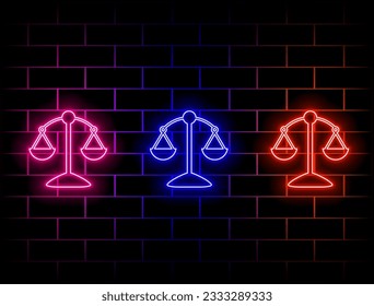 Neon light glow effect. Scales of justice line icon. Judgment scale sign. Legal law symbol. 3d line neon glow icon. Brick wall banner. Contour scales of justice. Vector. Green, red, yellow, pink, blue