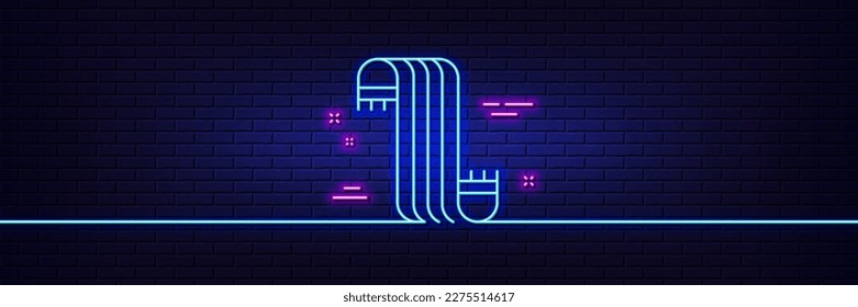 Neon light glow effect. Scarf line icon. Neckwear accessory sign. Fabric neck worn symbol. 3d line neon glow icon. Brick wall banner. Scarf outline. Vector