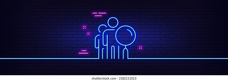 Neon light glow effect. Search people line icon. Find employee sign. Magnify glass. 3d line neon glow icon. Brick wall banner. Search people outline. Vector