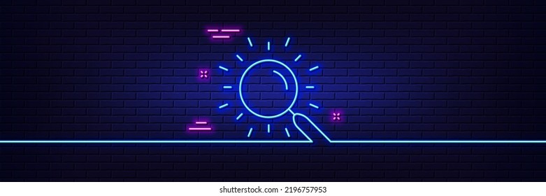 Neon light glow effect. Search line icon. Find document sign. Magnify glass. 3d line neon glow icon. Brick wall banner. Search outline. Vector