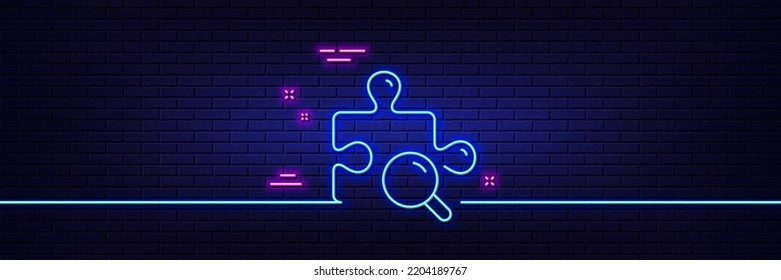 Neon light glow effect. Search puzzle line icon. Jigsaw piece sign. Find solution symbol. 3d line neon glow icon. Brick wall banner. Search puzzle outline. Vector