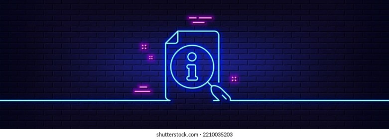 Neon light glow effect. Search info line icon. User manual sign. Information document symbol. 3d line neon glow icon. Brick wall banner. Search outline. Vector