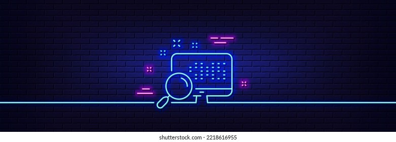 Neon light glow effect. Search in computer line icon. Find data sign. Magnify glass. 3d line neon glow icon. Brick wall banner. Search outline. Vector