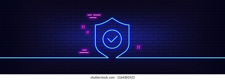 Neon light glow effect. Security shield line icon. Cyber defence sign. Private protection symbol. 3d line neon glow icon. Brick wall banner. Security shield outline. Vector