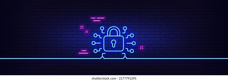 Neon light glow effect. Security lock line icon. Cyber defence sign. Private protection symbol. 3d line neon glow icon. Brick wall banner. Security lock outline. Vector