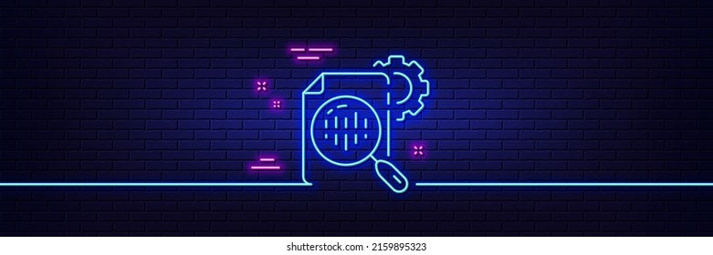 Efecto luminoso neón. Seo marca el icono de la línea. Ajusta el signo de la rueda cognitiva. Símbolo de gestión de tráfico. Icono de resplandor de neón de 3d línea. Banner de pared de ladrillo. Esquema de estadísticas de Seo. Vector