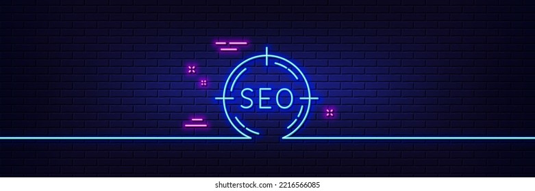 Neon light glow effect. Seo target line icon. Search engine optimization sign. Aim symbol. 3d line neon glow icon. Brick wall banner. Seo outline. Vector